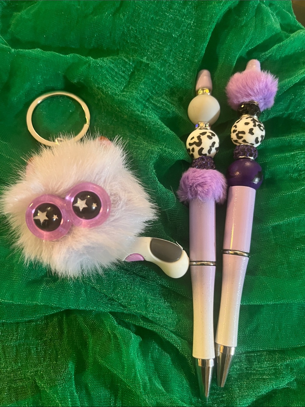 Purple Fuzzy Keychain /2 Beaded Pen Set - Fun trendy gift idea for all ages 77